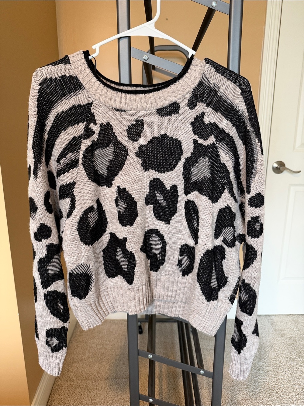 Anna Beige & Black Leopard Open-Knit Crew Sweater